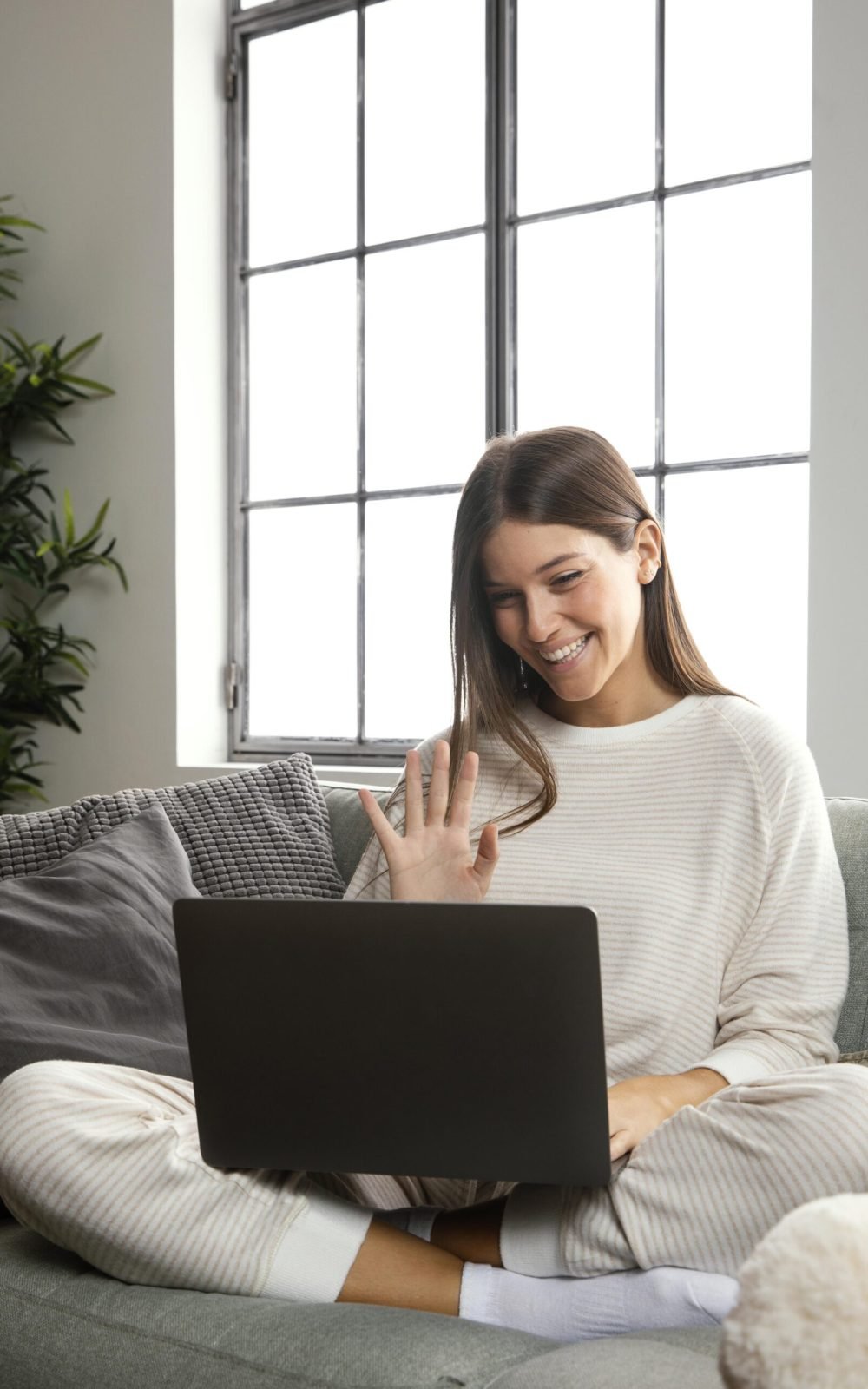 front-view-beautiful-woman-staying-laptop